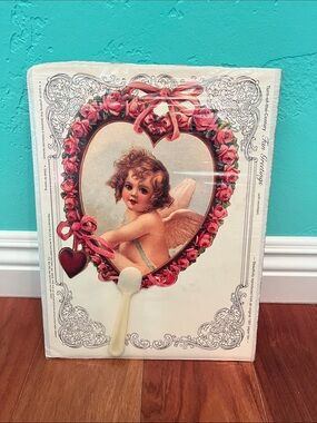 Vintage Valentine Cherub Heart Paper Fan